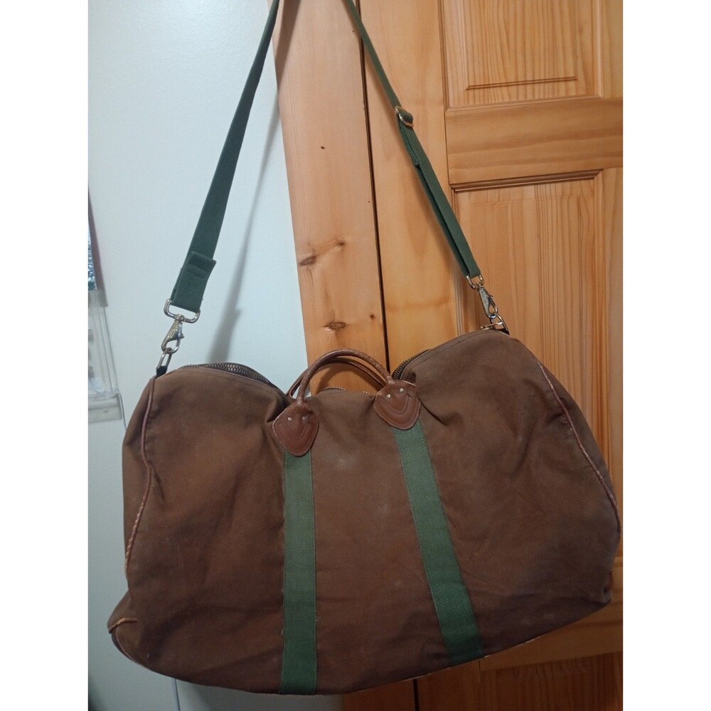 Vintage LL Bean Duffle Bag Brown/Olive Tote Canvas Leather Handle Strap Monogram